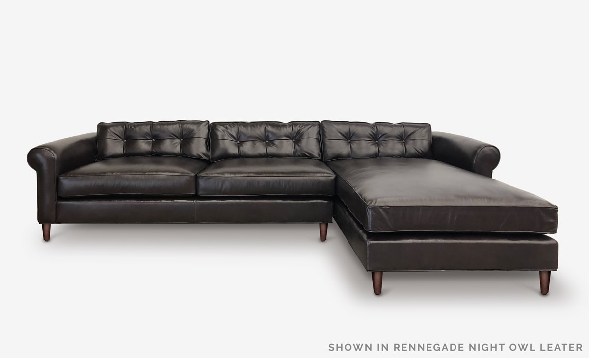 Nicholson Mid-Century Roll Arm Chaise Sectional in Renegade Night Owl Leather