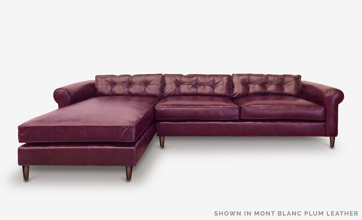 Nicholson Mid-Century Roll Arm Chaise Sectional in Mont Blanc Plum Leather