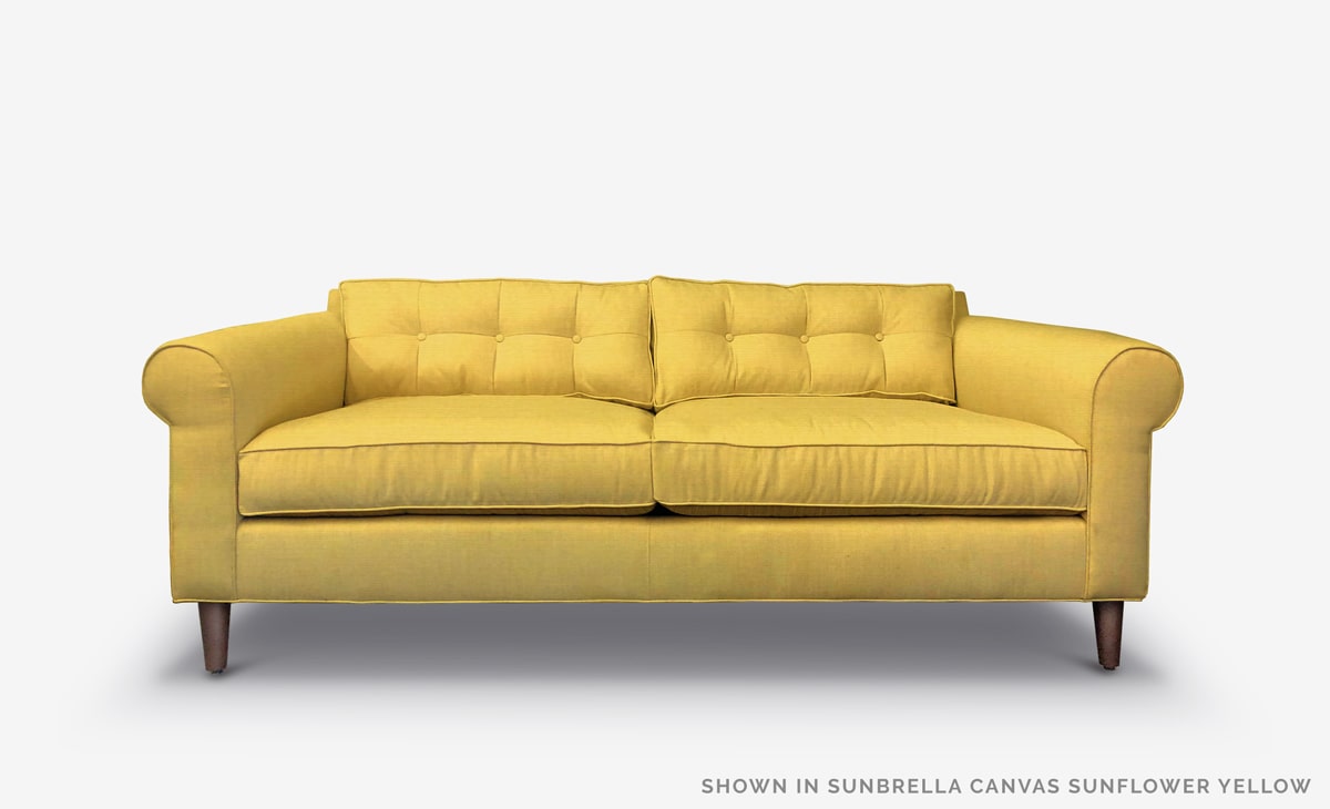 Nicholson Mid-Century Roll Arm Sofa in Sunbrella Sunflower Yellow Fabric