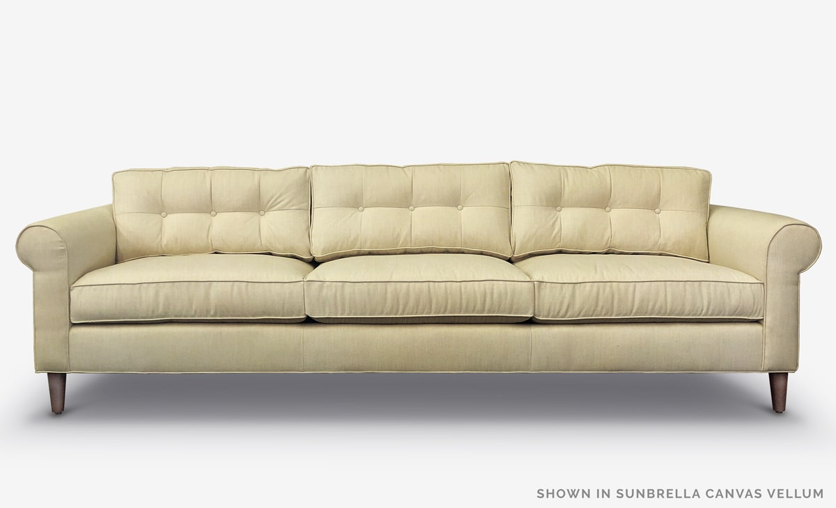 Nicholson Mid-Century Roll Arm Sofa in Sunbrella Canvas Vellum Fabric
