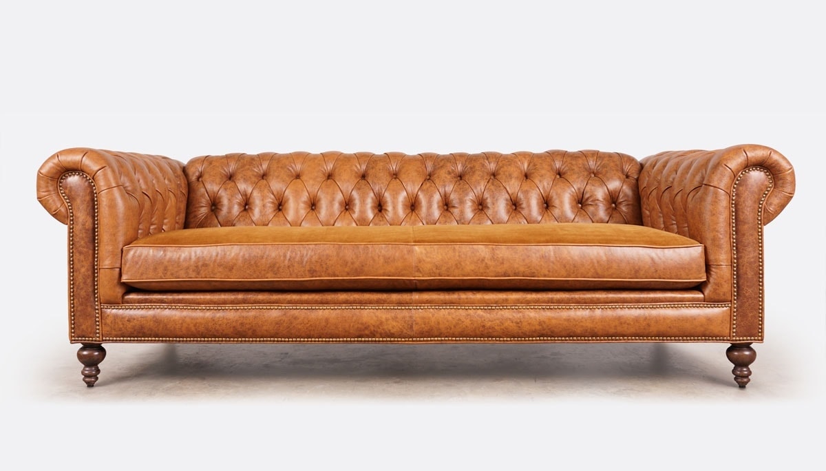 Tan Brown Leather Chesterfield Fitzgerald Sofa with Single Velvet Bench Seat
