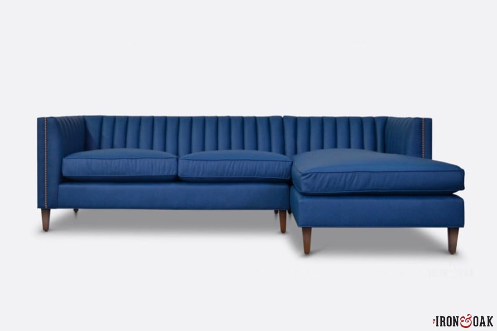 Blue Leather Channel Tufted Midcentury Lambert Sectional Sofa