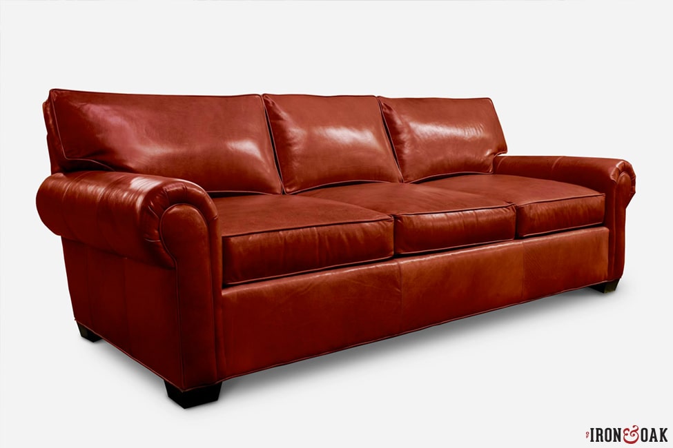 Brick Red Leather Roll Arm Roosevelt Lawson Style Sofa