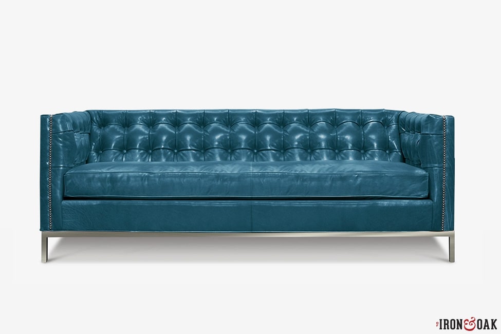 The Dylan Dark Teal Square Tufted Leather Tuxedo Style Midcentury Sofa With Metal Legs