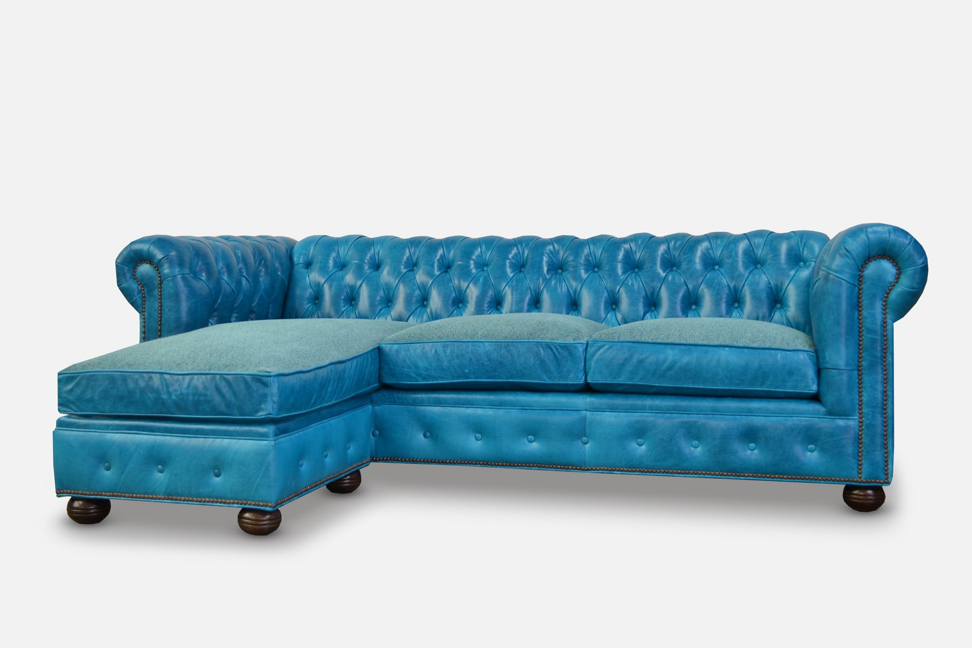Irving Chesterfield Chaise Sectional Sofa in Blue Leather