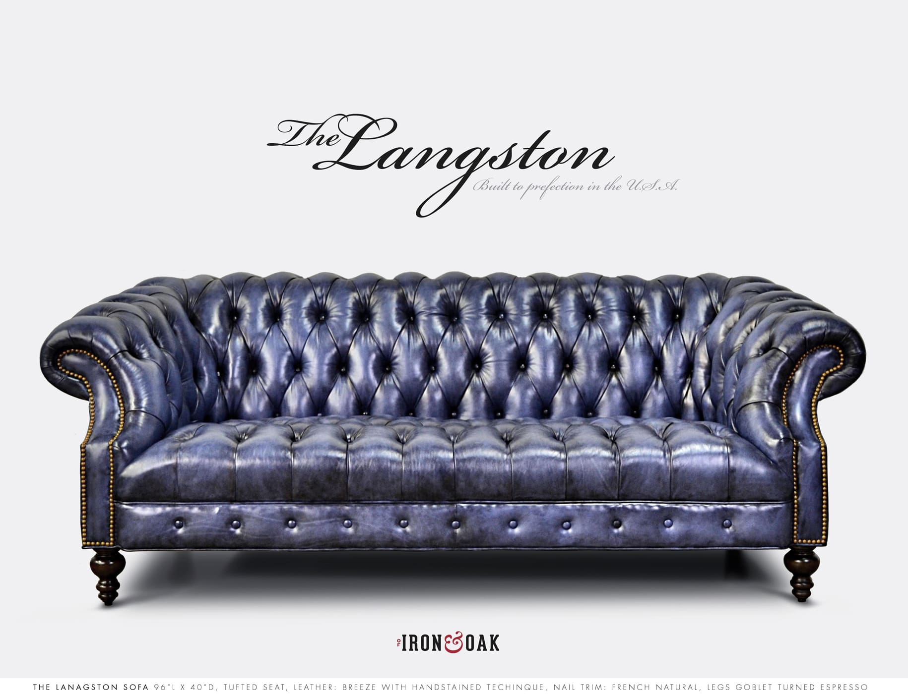 Langston Handstained Breeze Blue Leather Chesterfield Sofa
