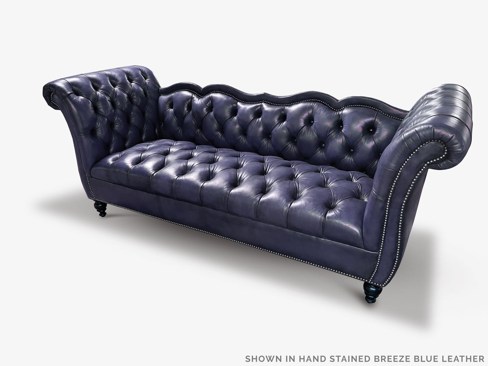 The Collins Custom Built Vintage Hand-Stained Breeze Blue Chesterfield Sofa
