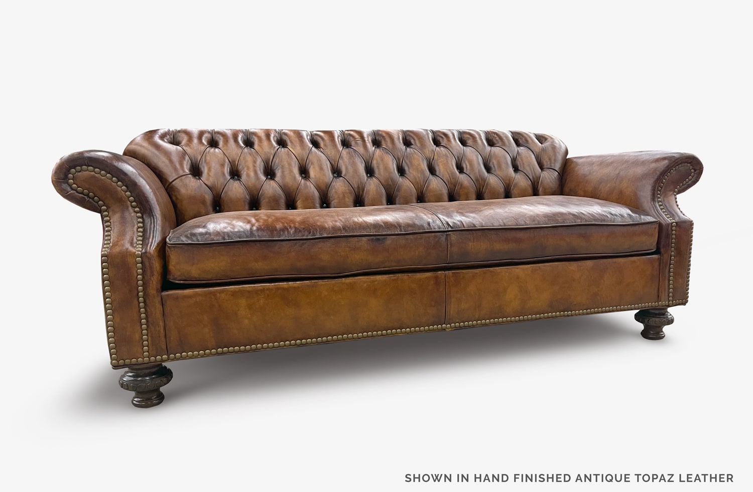 Whitman Hand-Stained Topaz Brown Leather Chesterfield American Made Sofa