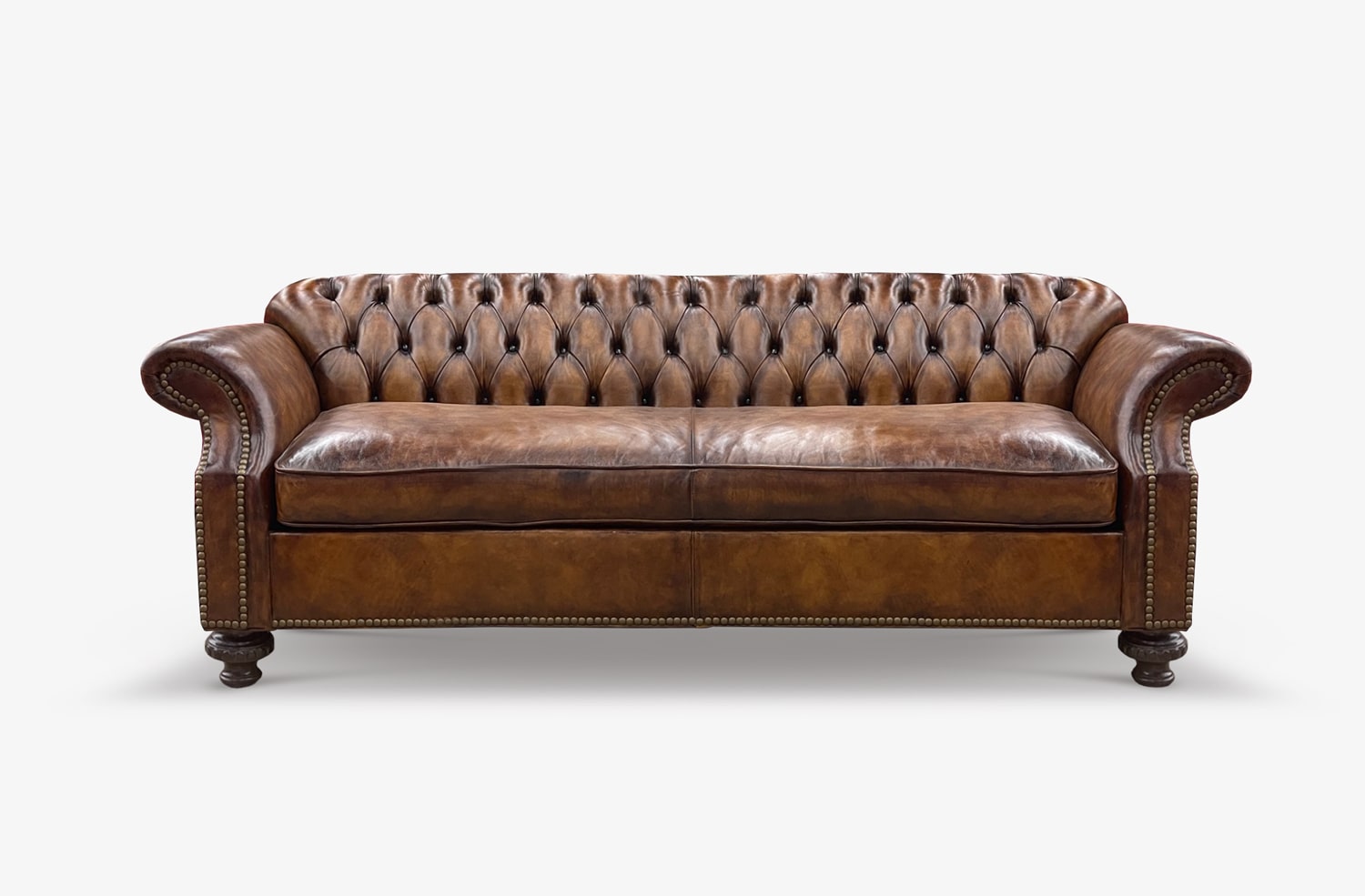 Whitman Hand-Stained Topaz Brown Leather Chesterfield American Made Sofa